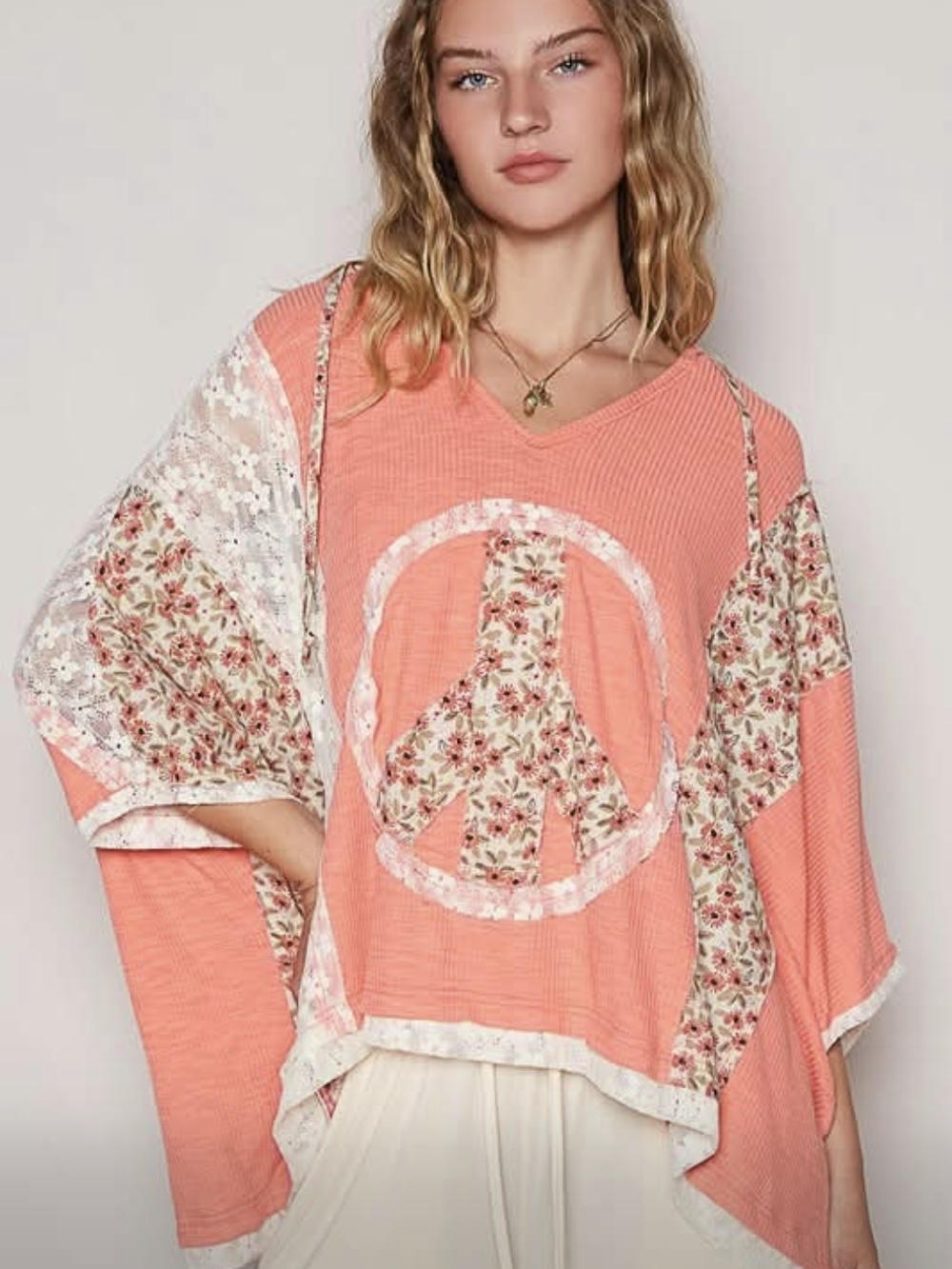 PoL Peach Floral Peace Sign V-Neck Women's Top NWT Oversize